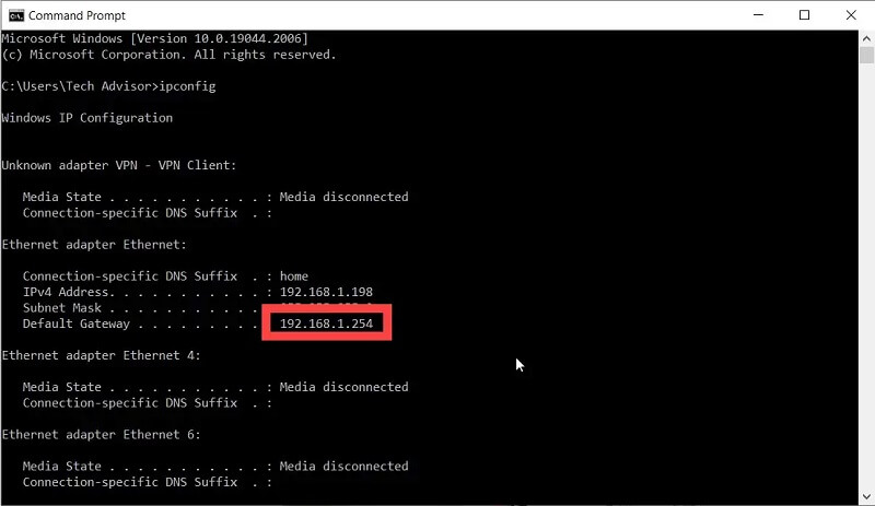 конзола cmd run ipconfig