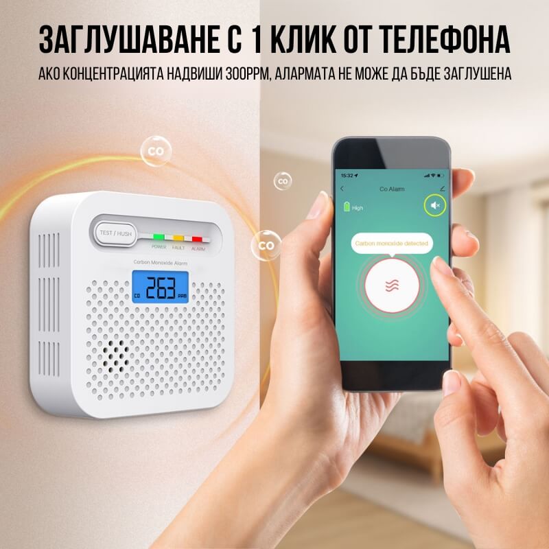 смарт CO детектрор с известия на мобилен телефон