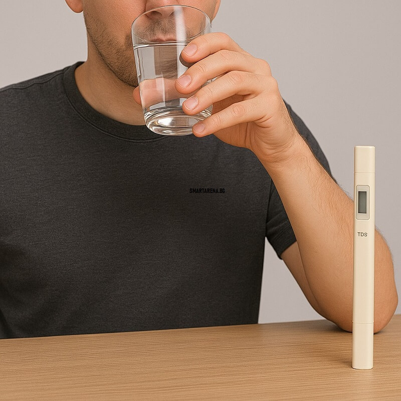 мъж пие вода от прозрачна стъклена чаша