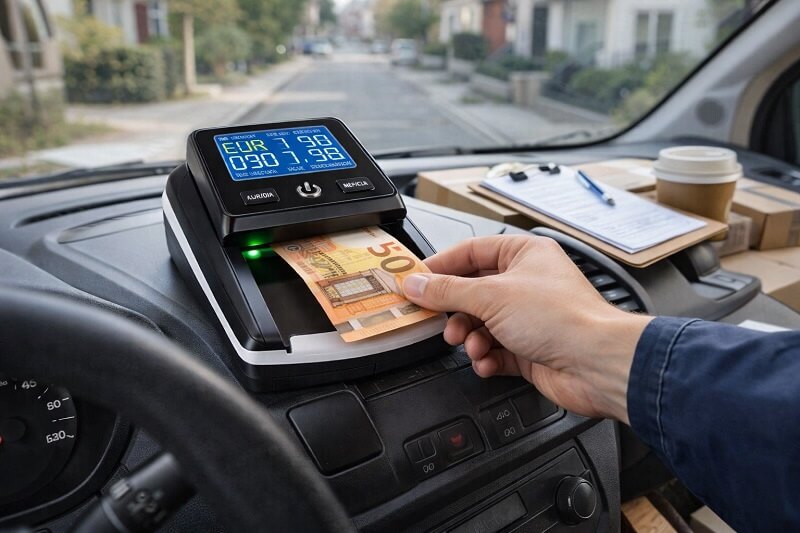 куриер проверява евро банкноти