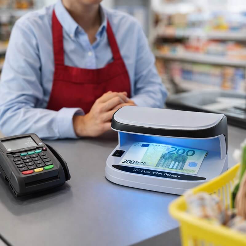 проверка на банкноти с ултравиолетова лампа в магазин