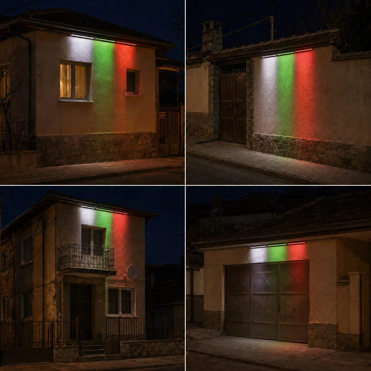 LED прожектори бяло зелено и червено на фасада