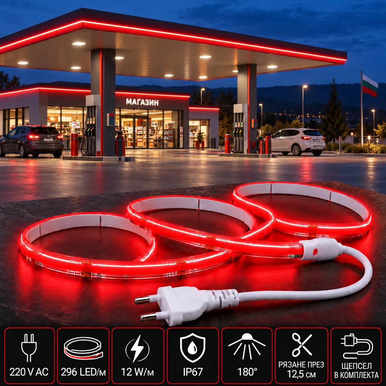 червена COB led лента за бензиностанция