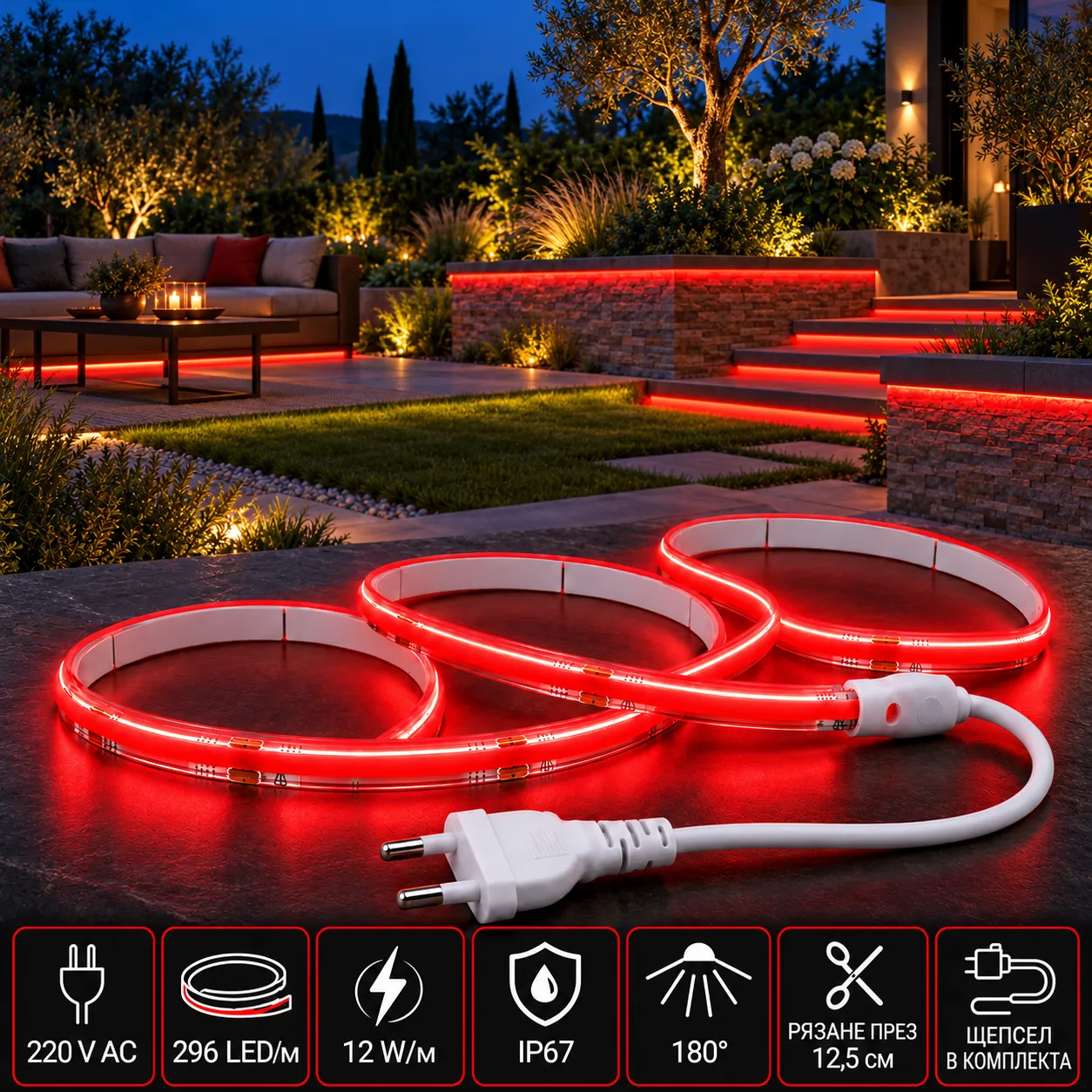 червена COB led лента за градина и тераса