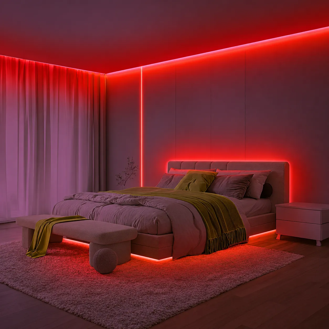 червена COB led лента за таван и корниз в спалня